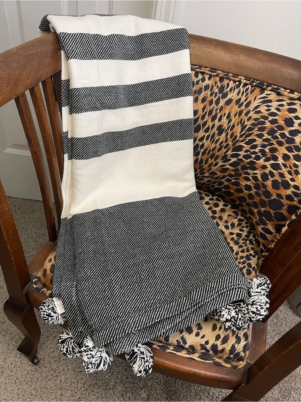 Woven Throw Blanket Black Off White 100% Cotton 50”x70” Striped Pompoms Gift